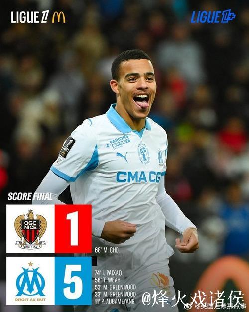 马赛5-1尼斯暂登顶法甲 格林伍德双响奥巴梅扬一射两传